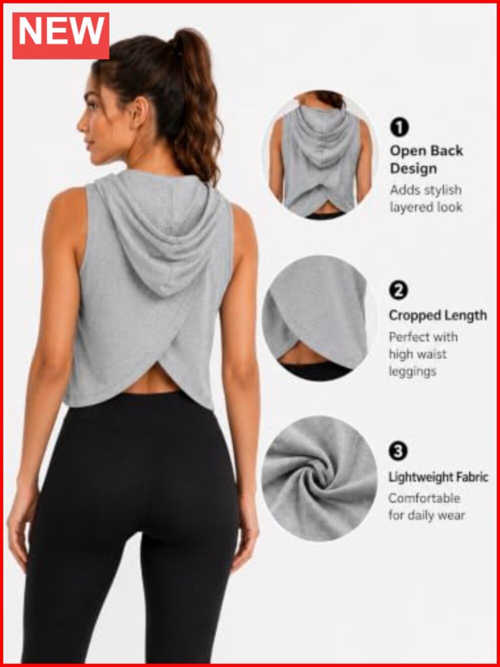Open Back Sleeveless Hoodie Cropped Workout Tank Top Polyester Elastane - Picture 5 of 6
